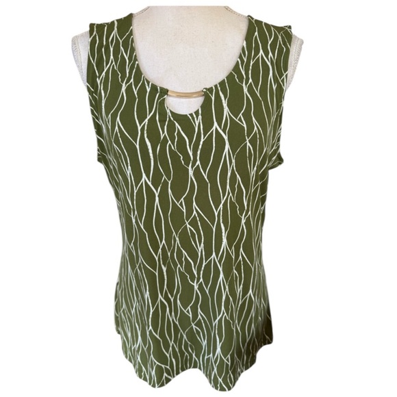 TAHARI olive green and white sleeveless tank top with gold accessory NWT. Large - Picture 1 of 11